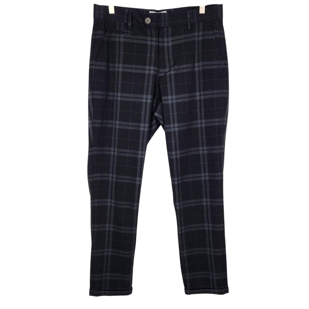 LES DEUX Como Check Suit Pants Mens 30x30 Gray Wool Melange Tapered Slim Stretch